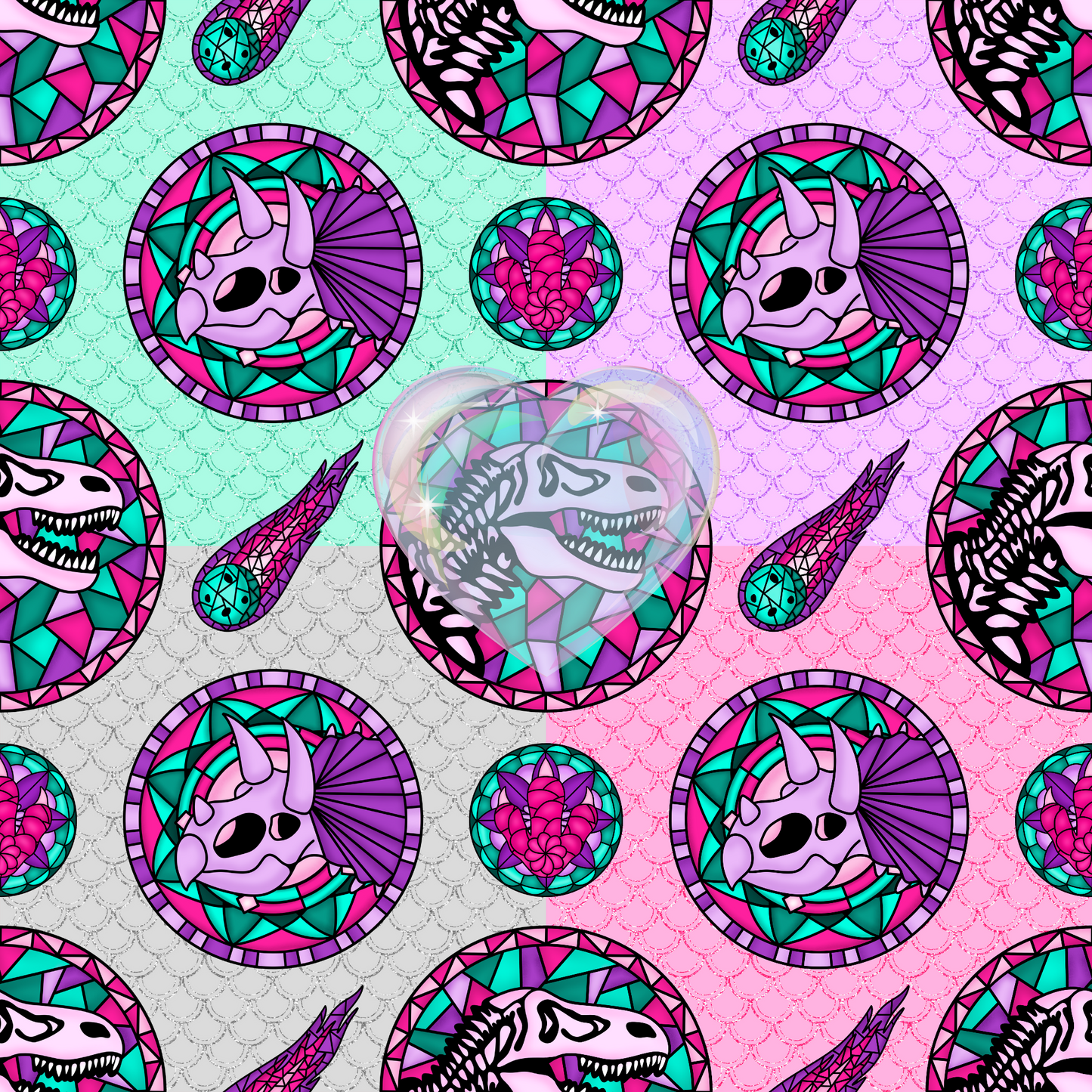 Girly Glassy Dinos Hand Drawn Seamless Pattern