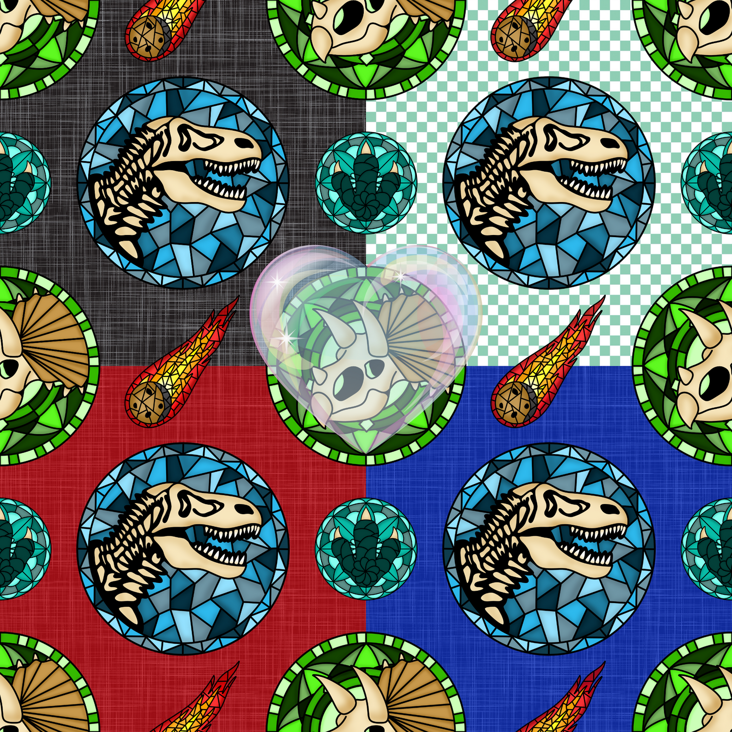 Glassy Dino Dudes Hand Drawn Seamless Pattern