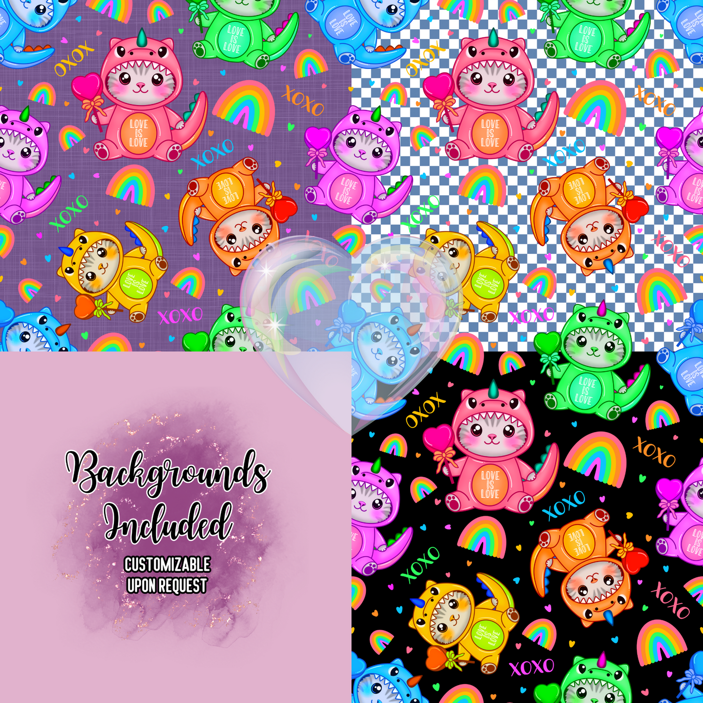 Dino Pride Kitties Hand Drawn Seamless Pattern