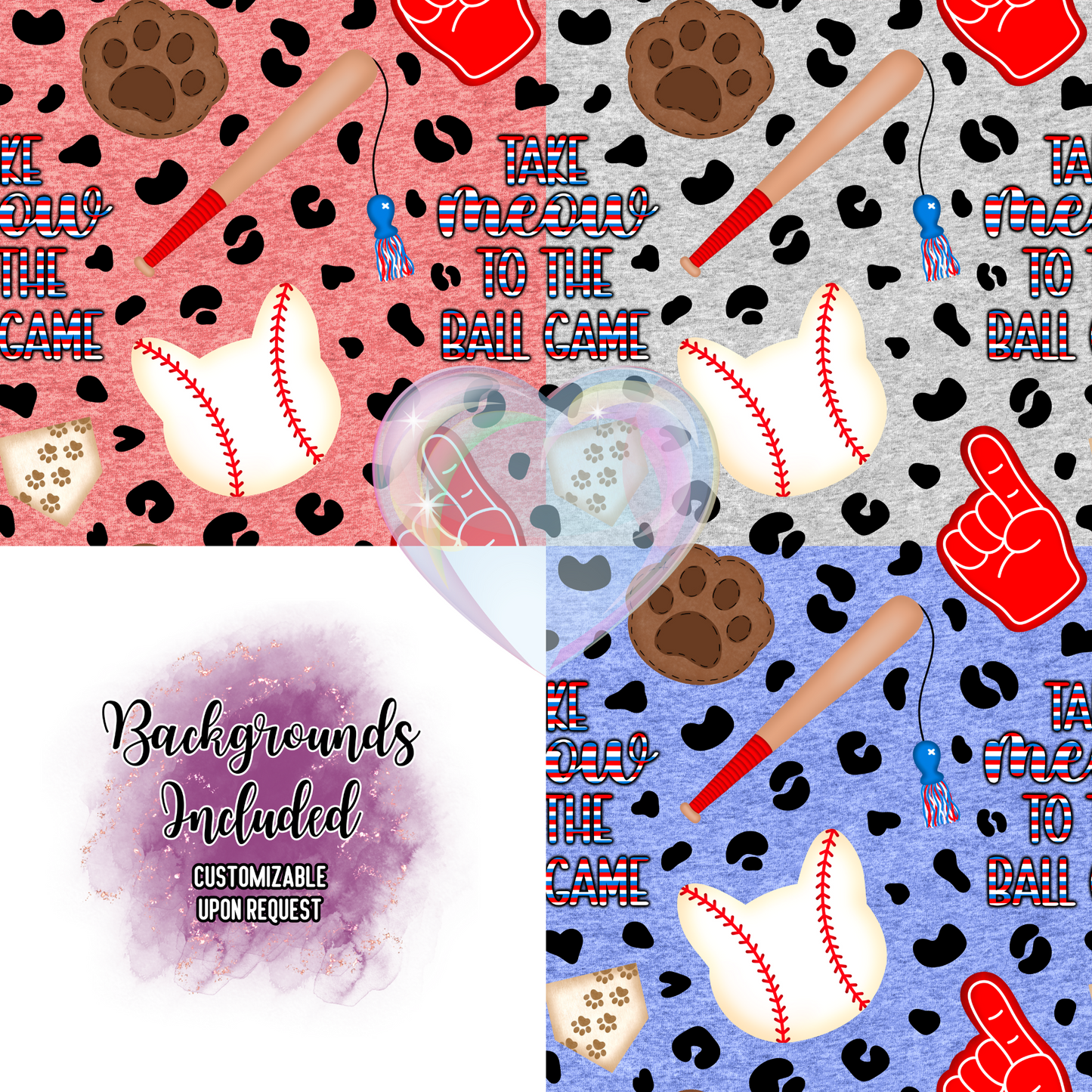 Take Meow to the Ball Game (Red) Hand Drawn Seamless Pattern