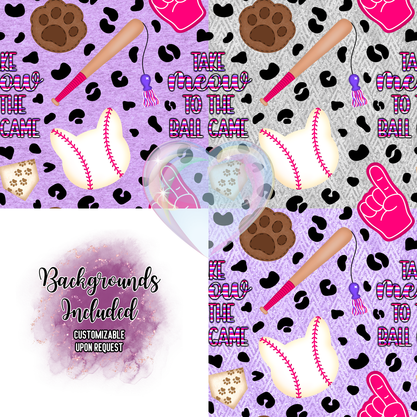 Take Meow to the Ball Game (Pink) Hand Drawn Seamless Pattern