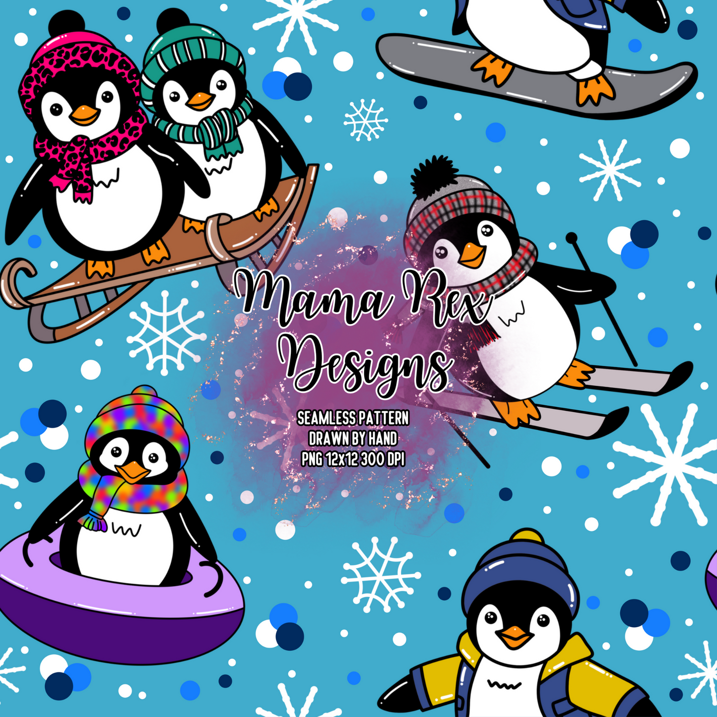 Sporty Penguins Hand Drawn Seamless Pattern