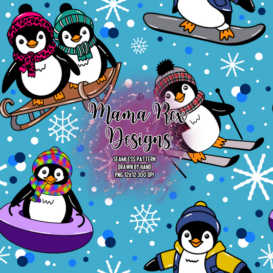 Sporty Penguins Hand Drawn Seamless Pattern